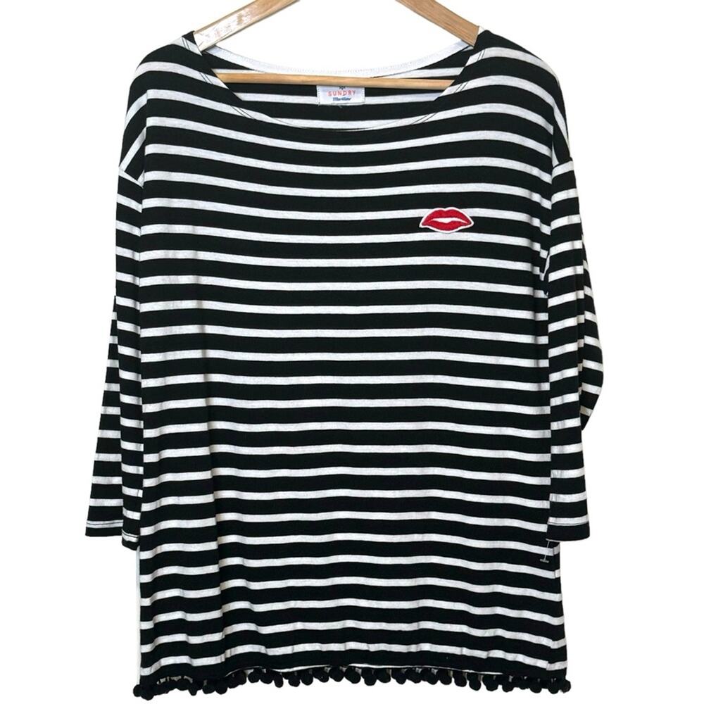 Sundry Maritime Medium Black White Striped Shirt with Lips and Pom Poms